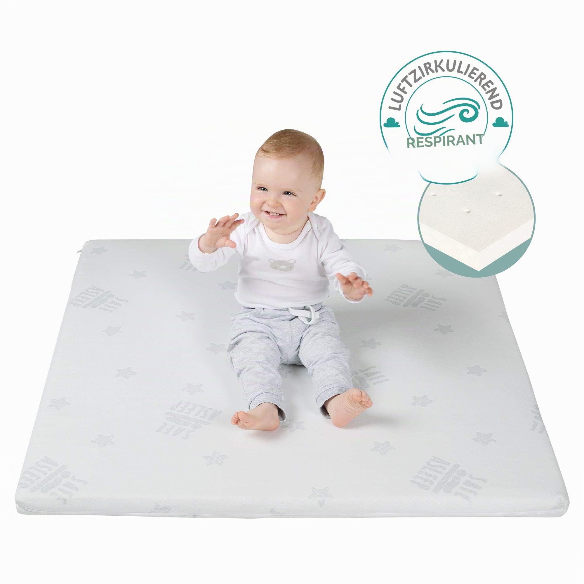 roba Matelas pour Parc Bébé 75 x 100 cm Safe Asleep Air - Housse Jacquard Respirante et Amovible - Convient aux Personnes Allergiques - Blanc