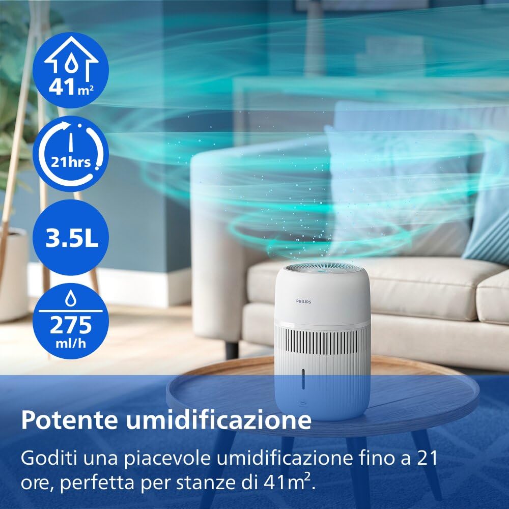 Philips Umidificatore Evaporativo Serie 4000, Umidificazione Igienica, 99,97% di Batteri in Meno, Serbatoio da 3,5 L, 275 ml/h, Stanze fino a 41 m², Bianco (HU4209/00)