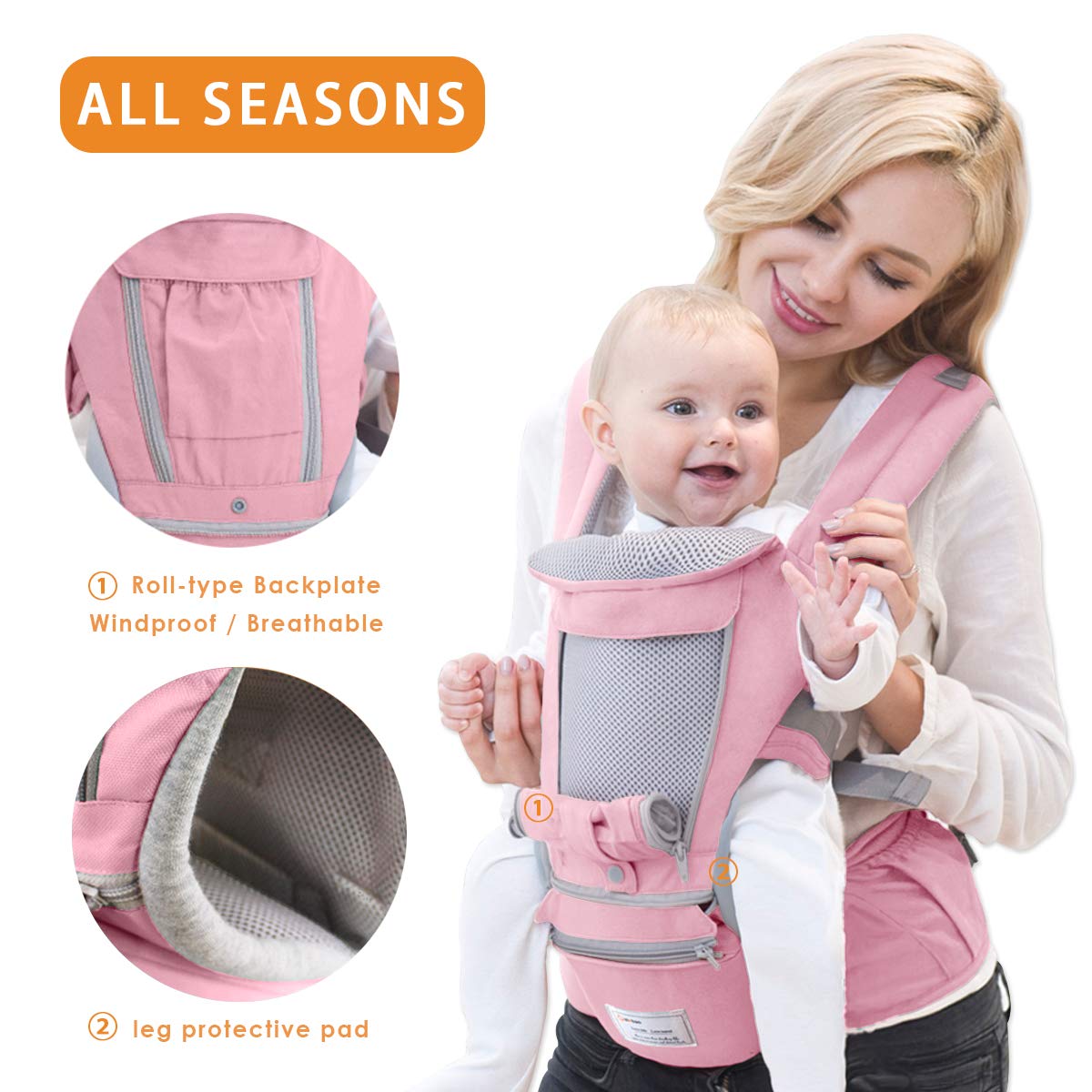 SONARIN 3 en 1 Multifuncional Hipseat Baby Carrier, Portador de bebé,Anverso y Reverso,100% Algodón,Ergonómica, Tamaño Libre(Rosado)