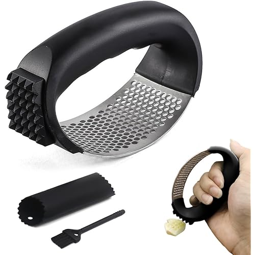 Stainless Steel Garlic Press, 2024 New Garlic Press Rocker Crusher Masher, Upgrade Kitchen Heavy Duty Sainless Steel Manual Garlic Presser Crusher Garlic with Peeler and Cleaning Brush (Black)