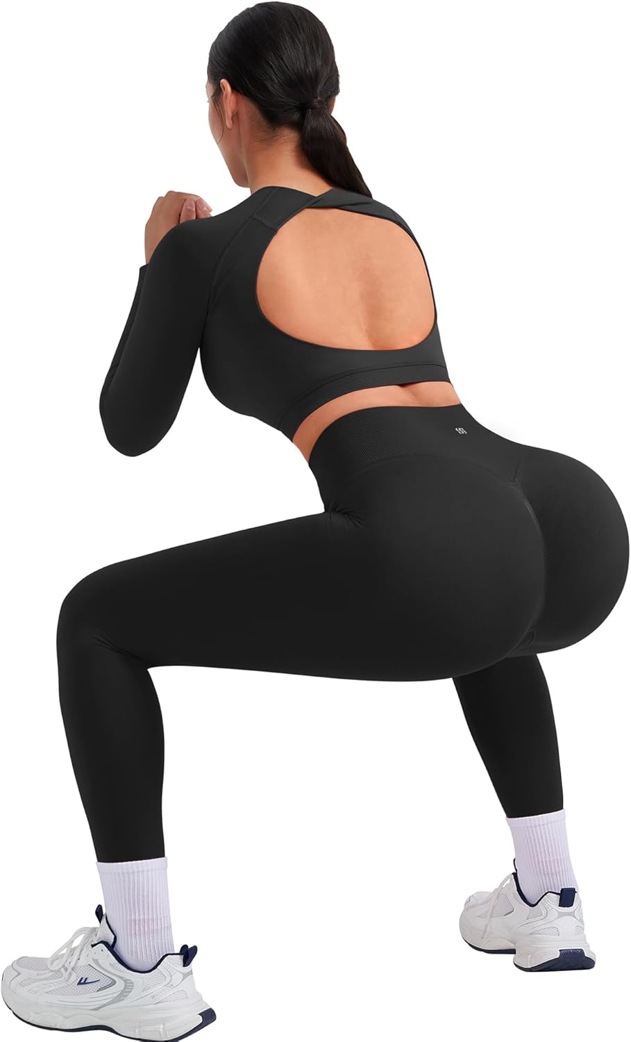 SUUKSESS Women 2 Piece Open Back Seamless Workout Sets Scrunch Booty Gym Leggings Built in Bra Crop Yoga Top - Image 3