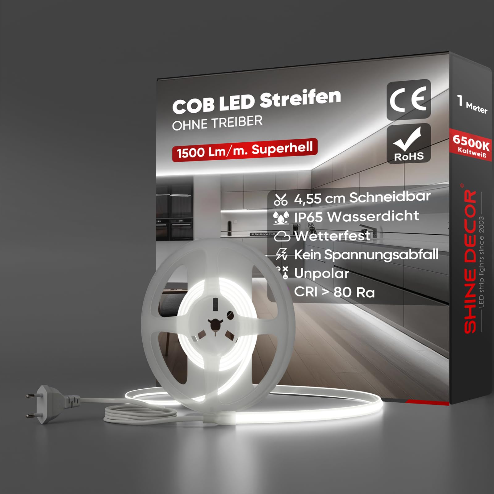 Shine Decor COB LED Streifen 1m, AC 220V 230V IP65 Wasserdicht LED Band, SMD2025 286 leds/m Ultrahohe Helligkeit Lichtleiste für Küche Garten LED Beleuchtung (1M, Kaltes Weiß, CE Zertifiziert)