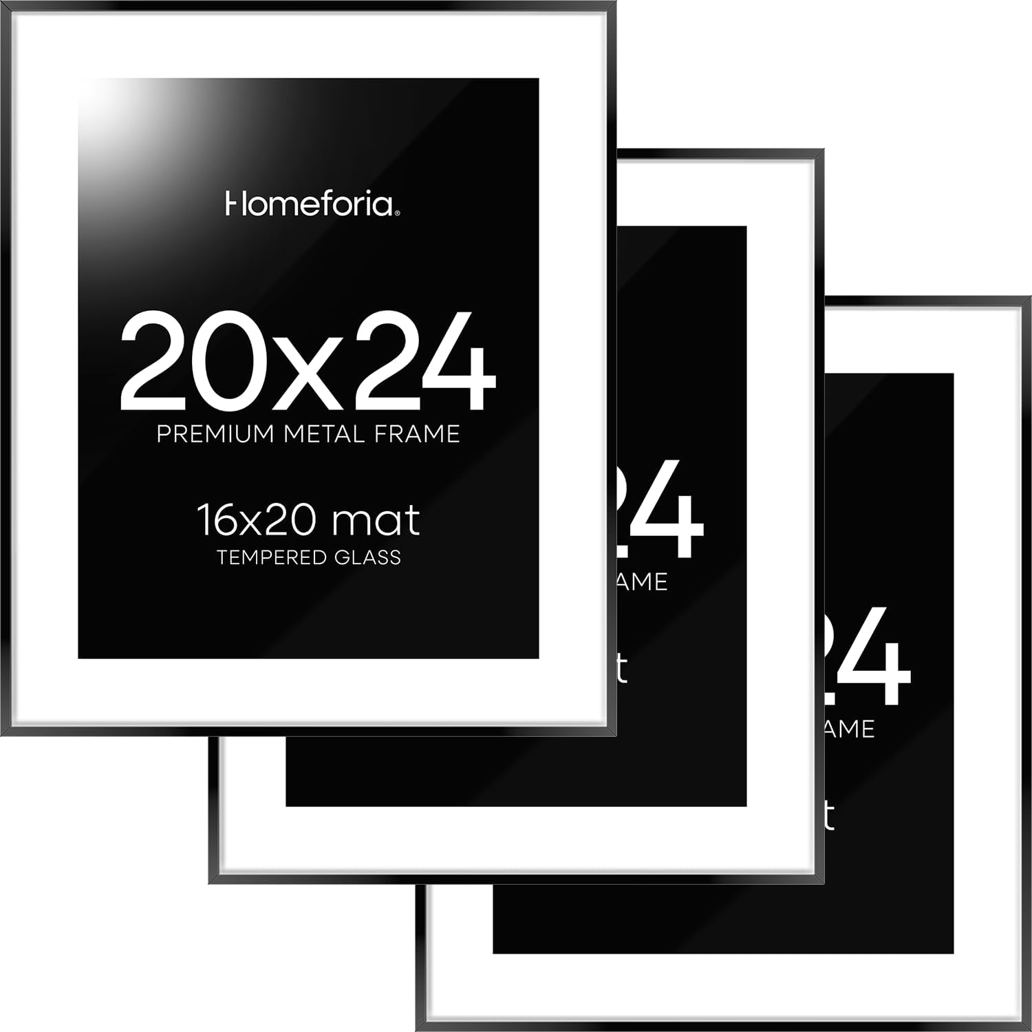 Homeforia 20x24 Picture Frame Set (3) – Black Metal with Glass, Matte Finish