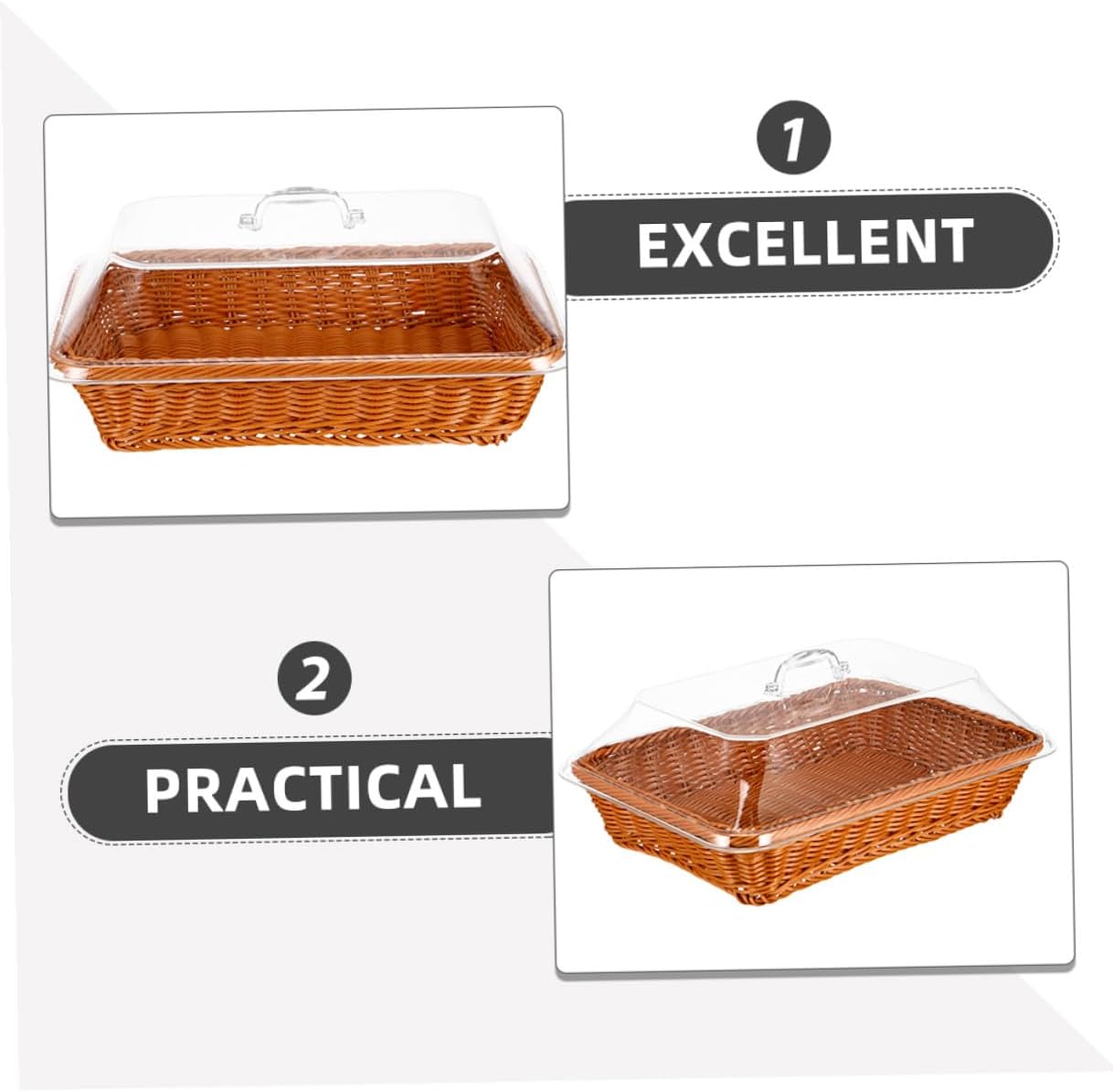 Handwoven Rattan Bread Serving Basket with Lid, Large-capacity Multi-purpose Fruit and Food Storage Tray for Kitchen, Picnic, and Outdoor Use, 40x30x15cm Brown