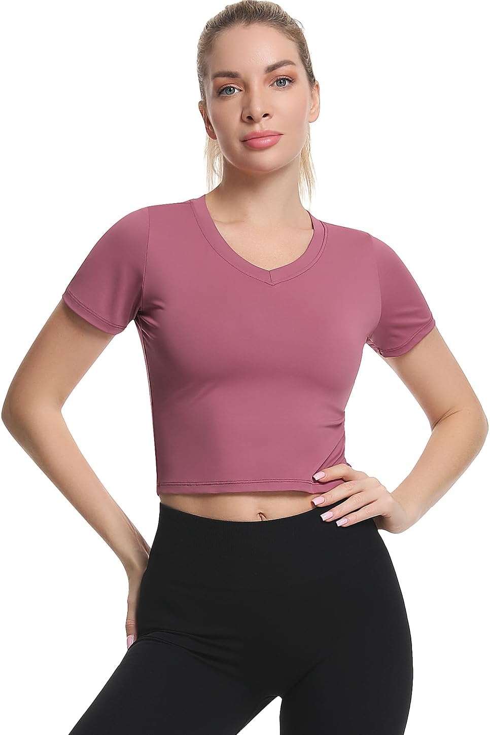 Xelky Women's Crop Dry Fit T-Shirt Workout Short Sleeve Solid Cropped Top V Neck Casual Fitted Yoga Tees - Image 2
