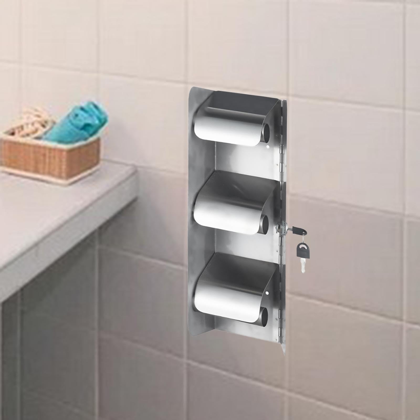 Porta Carta igienica Distributore di Carta igienica in Acciaio Inox Decor Organizer Bloccabile Contiene 3 Rotoli di Carta igienica, Argent
