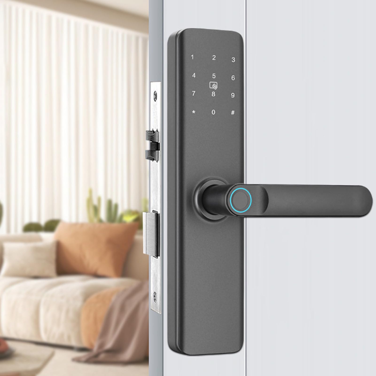 Cerradura de Puerta con Huella Dactilar, Cerradura con Teclado | Acero y ABS; Puertas Interiores de dormitorio; Claves en app; Modo silencio; Respaldo USB-C; Manija inteligente.