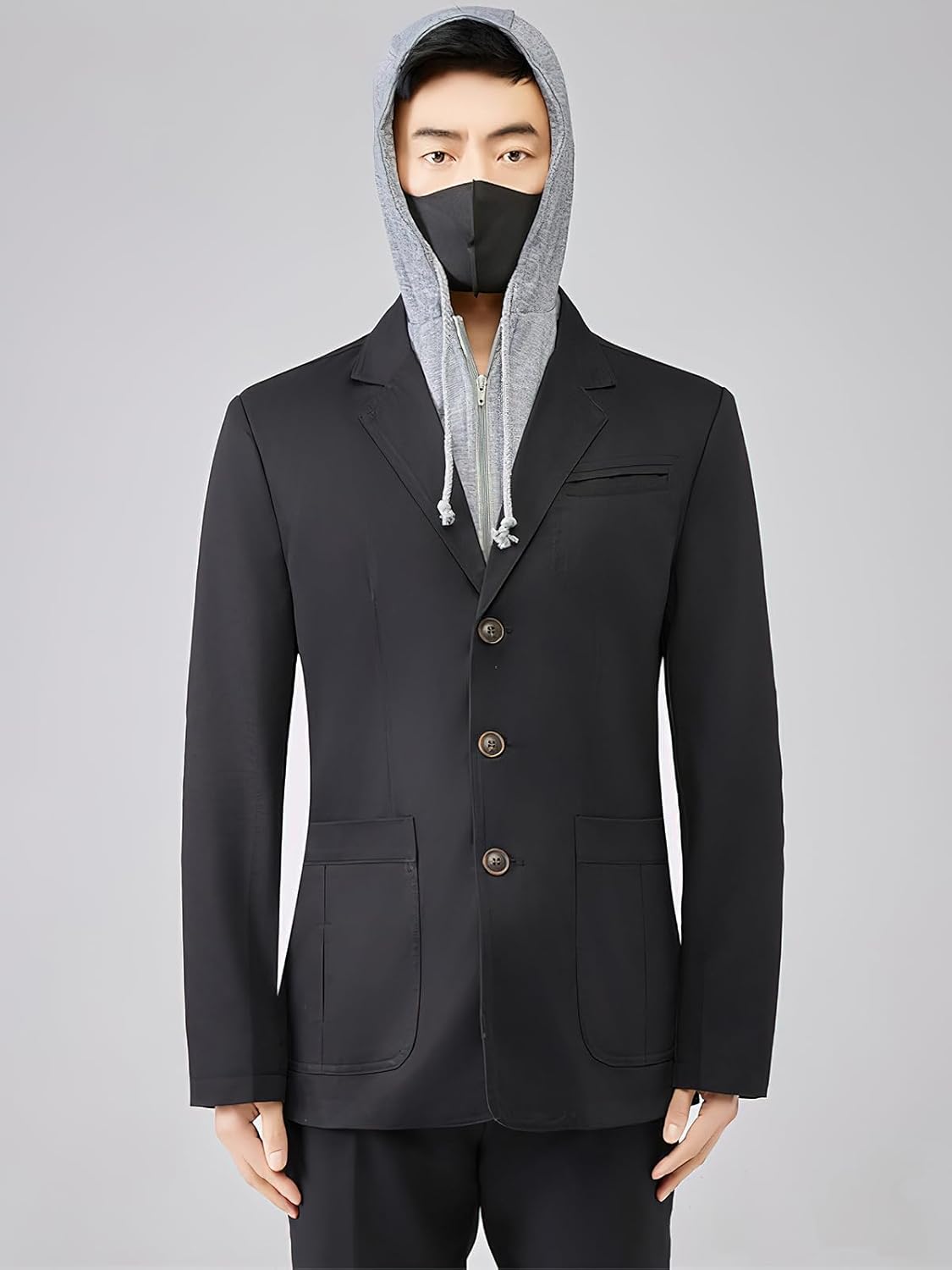 ebossy Women's False 2-Piece Hooded Blazer Jacket Single Breasted Elbow Patch Long Sleeve Slim Cotton Coat - Image 5