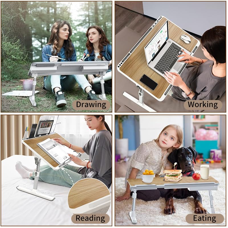 Faltbarer Laptop-Schreibtisch, Holzmaserung, große Fläche, Größe XXL, 70 x 45 cm, 8 Höhen und Winkel, verstellbarer Betttisch, Lerntablett, Laptop-Ständer für Bett, Couch, Sofa mit 2 Stoppern