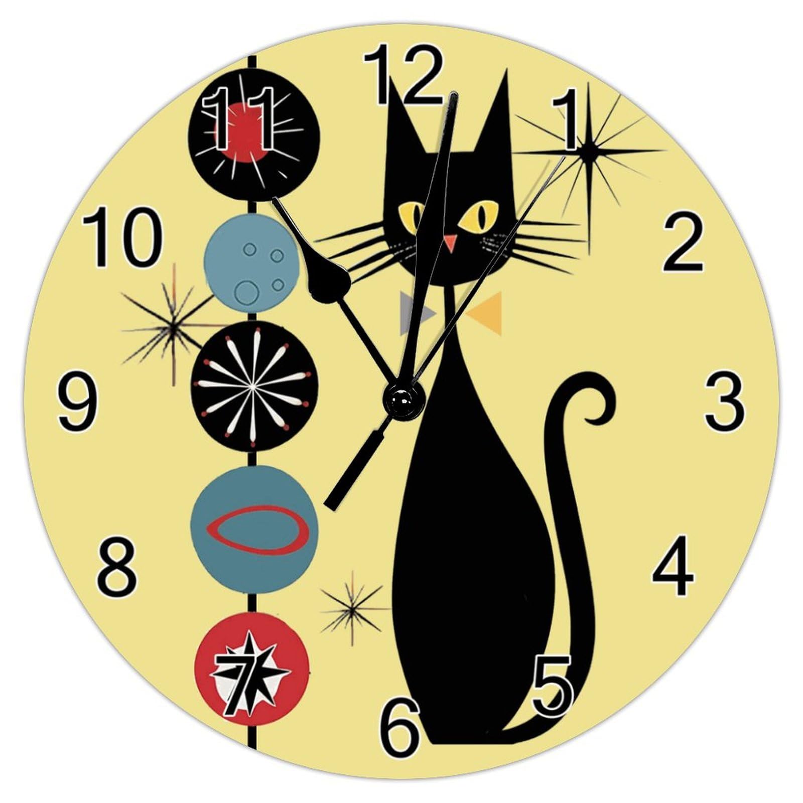 Retro Atomic Era Mid Century Cool Cat Funny Wall Clock 12x12 inch Silent Non-Ticking PVC Clock Battery Operated Bedroom Living Room Home Wall Hanging Decor Art