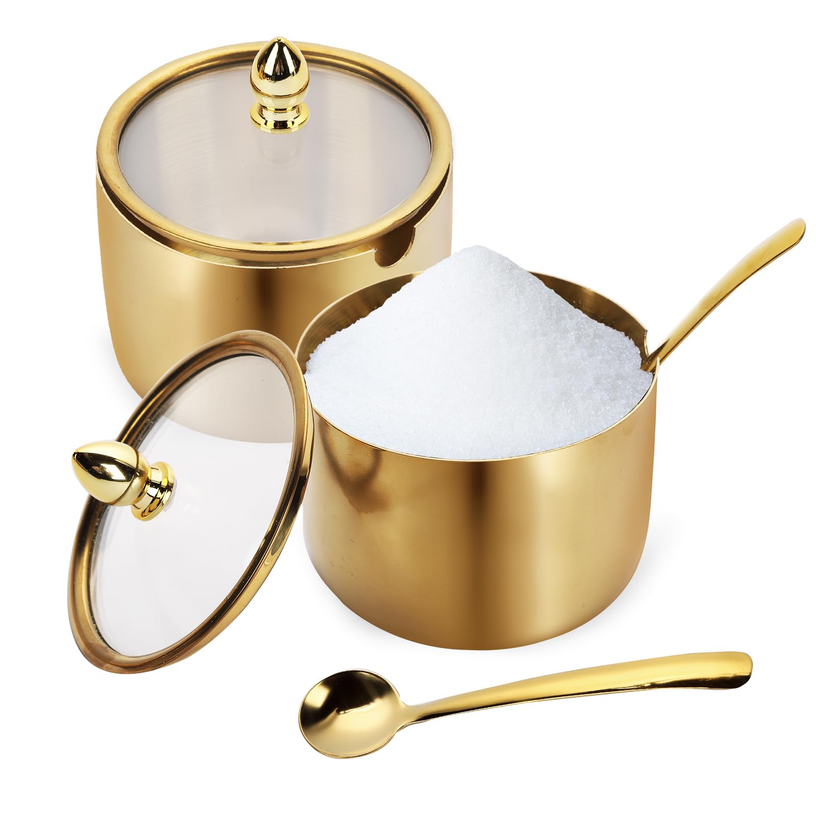 2 Pcs Stainless Steel Seasoning Box,Spice pot seasoning bottle Salt Pepper sugar storage bottle With Spoon and Clear Lid for home and kitchen (gold)