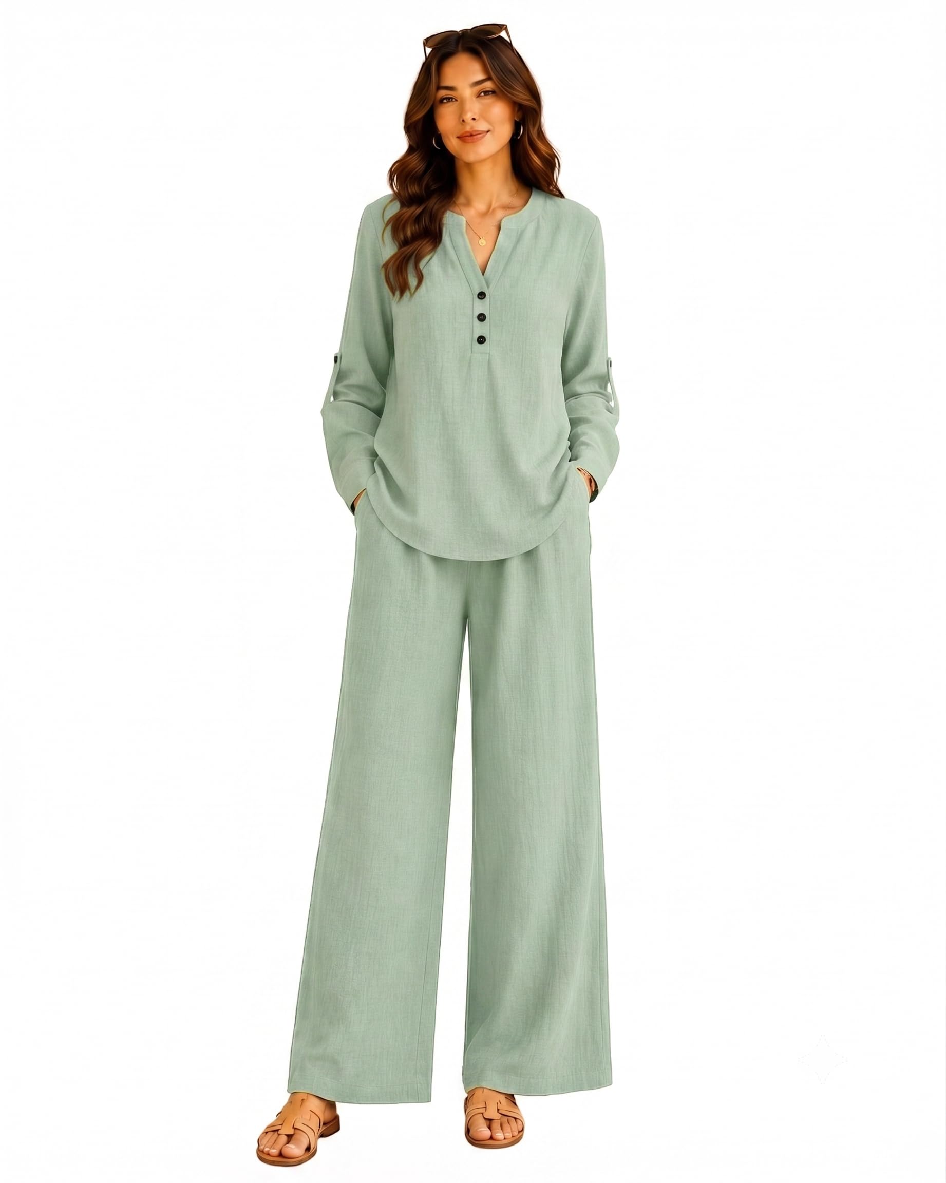 Linen Cotton Kurta Sets for Woman | Stylish Matching Co-Ord Set for Women | Mandarin with V-Neck Full Sleeve | Ethnic Kurti with Palazzo Pants | Traditional, Office & Casual Wear(2071)-image-5