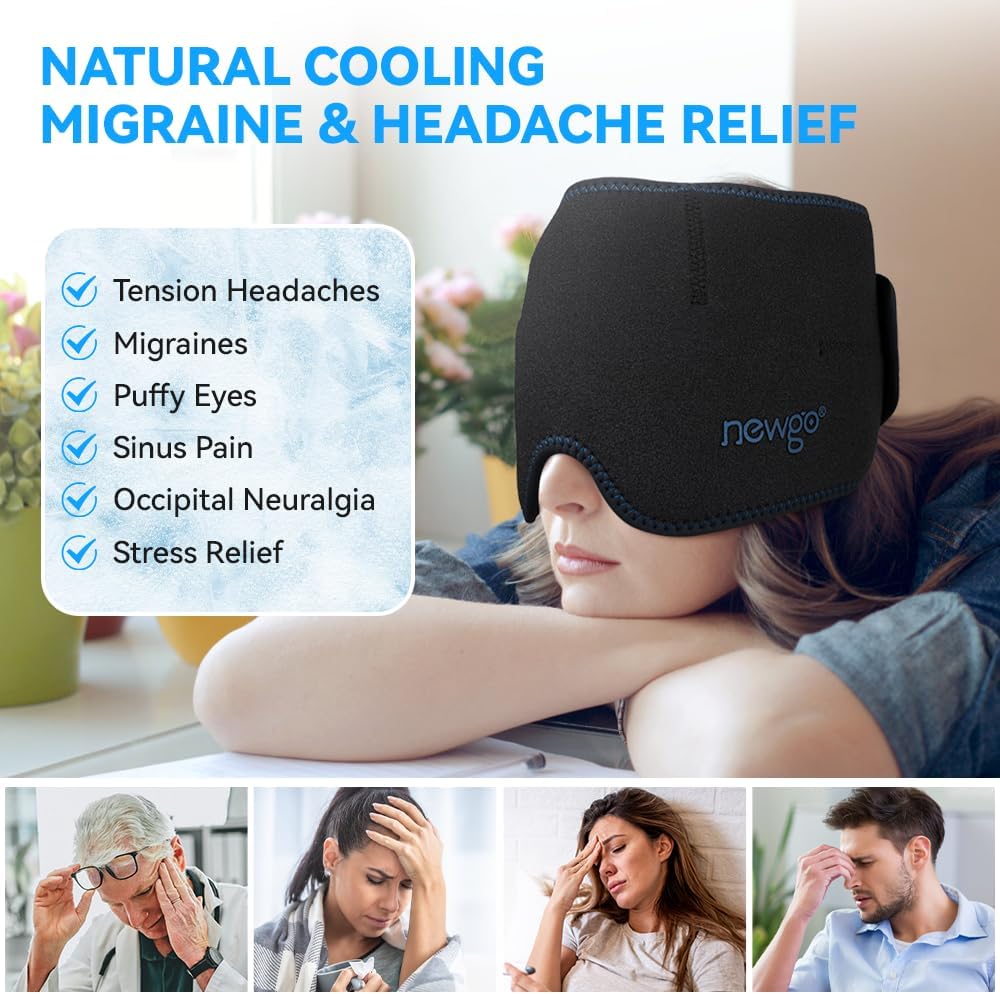 NEWGO Gel Ice Pack Head Cold Wrap for Migraine Relief, Headache Cold Pack Migraine Ice Pack Wrap for Tension, Sinus Pressure Relief, Puffy Eyes, Light Blocking - with Washable Cover 27.6 x 5.9"