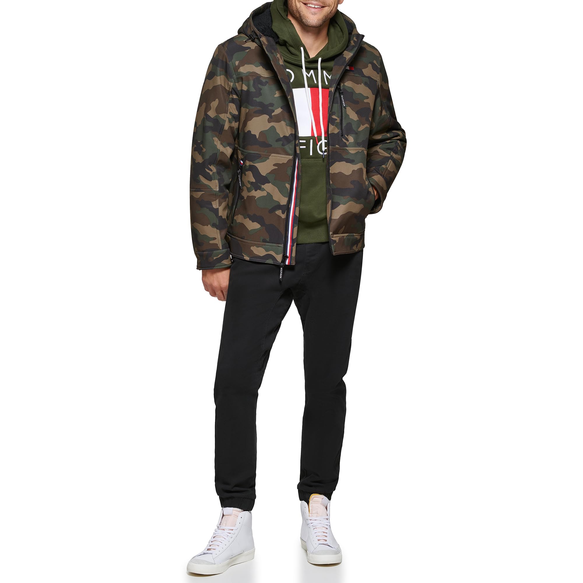 Tommy Hilfiger Men's Filled Soft Shell Hooded Open Bottom Jacket with Full Sherpa Lining, Camouflage Tech, Medium
