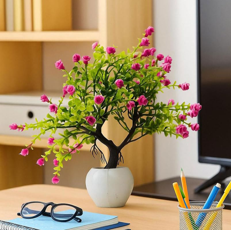 Image of Artificial Pink Flower Bonsai Plant In White Pot , Faux Plant For Home Decoration , Living Room Decoration , Indoor Plant , Flower Pot For Garden , Tabletop Decor , Gift Item , Indoor & Outdoor Decor