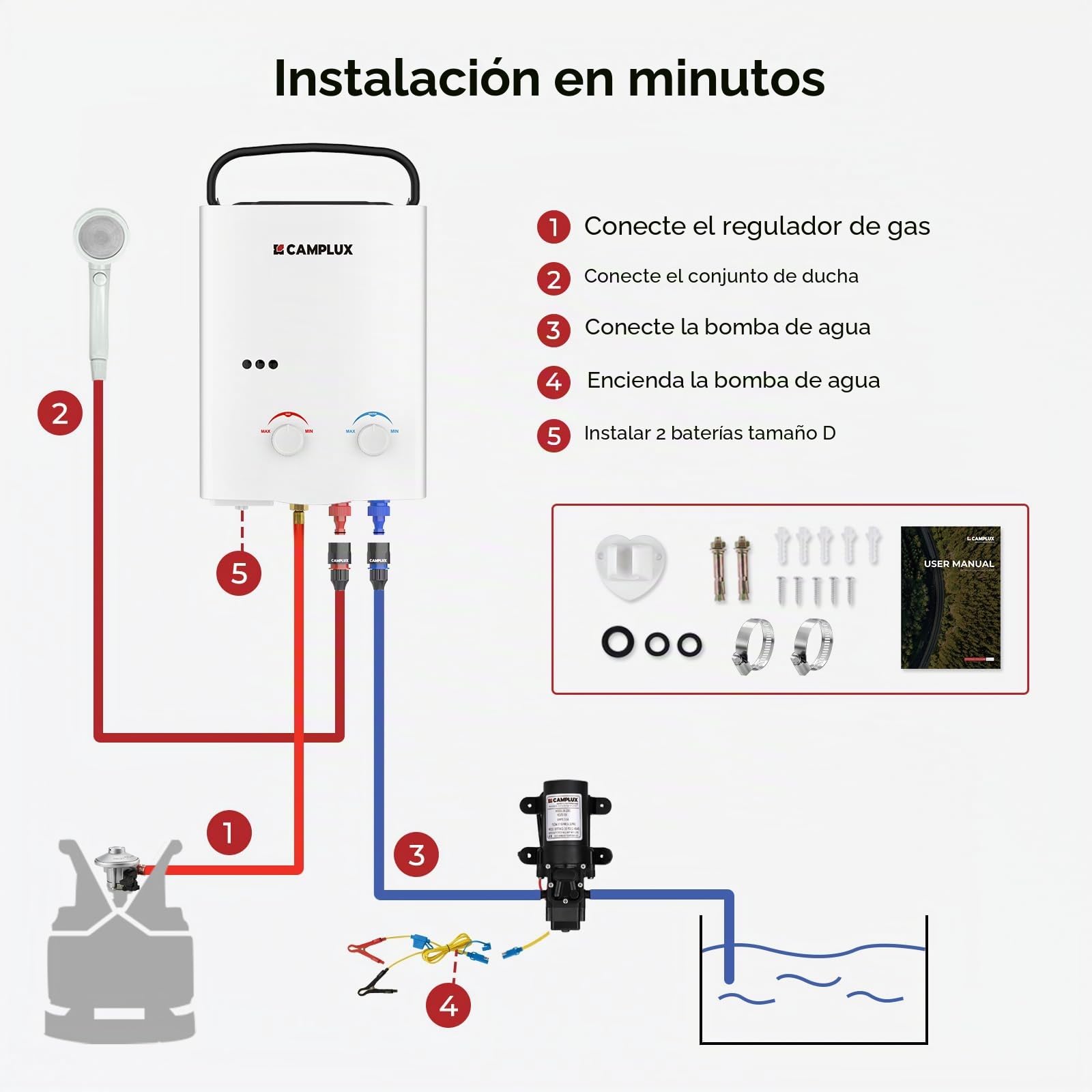 Camplux AY132P43 5L Calentador de Agua de Gas sin Tanque, con Bomba de Agua de 4.3L, para el Viaje, RV, Campamento, Caballos