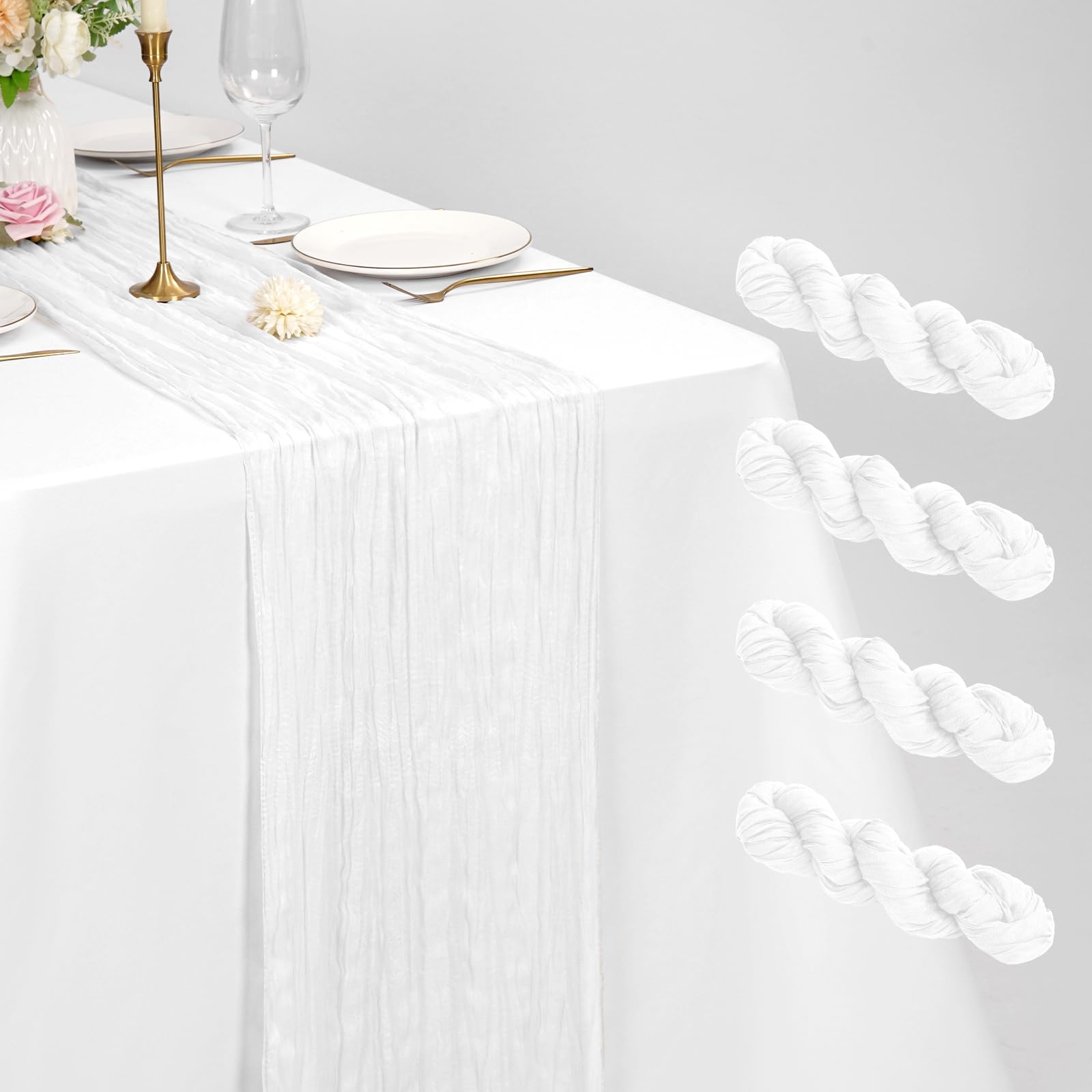 4 Pack White Cheesecloth Table Runner 21 x 120 Inch Rustic Gauze Fabric Table Runner Romantic Long Cheesecloth Table Runner For Weddings, Festivals, Anniversarie, Dinner, Outdoor Parties — image 1