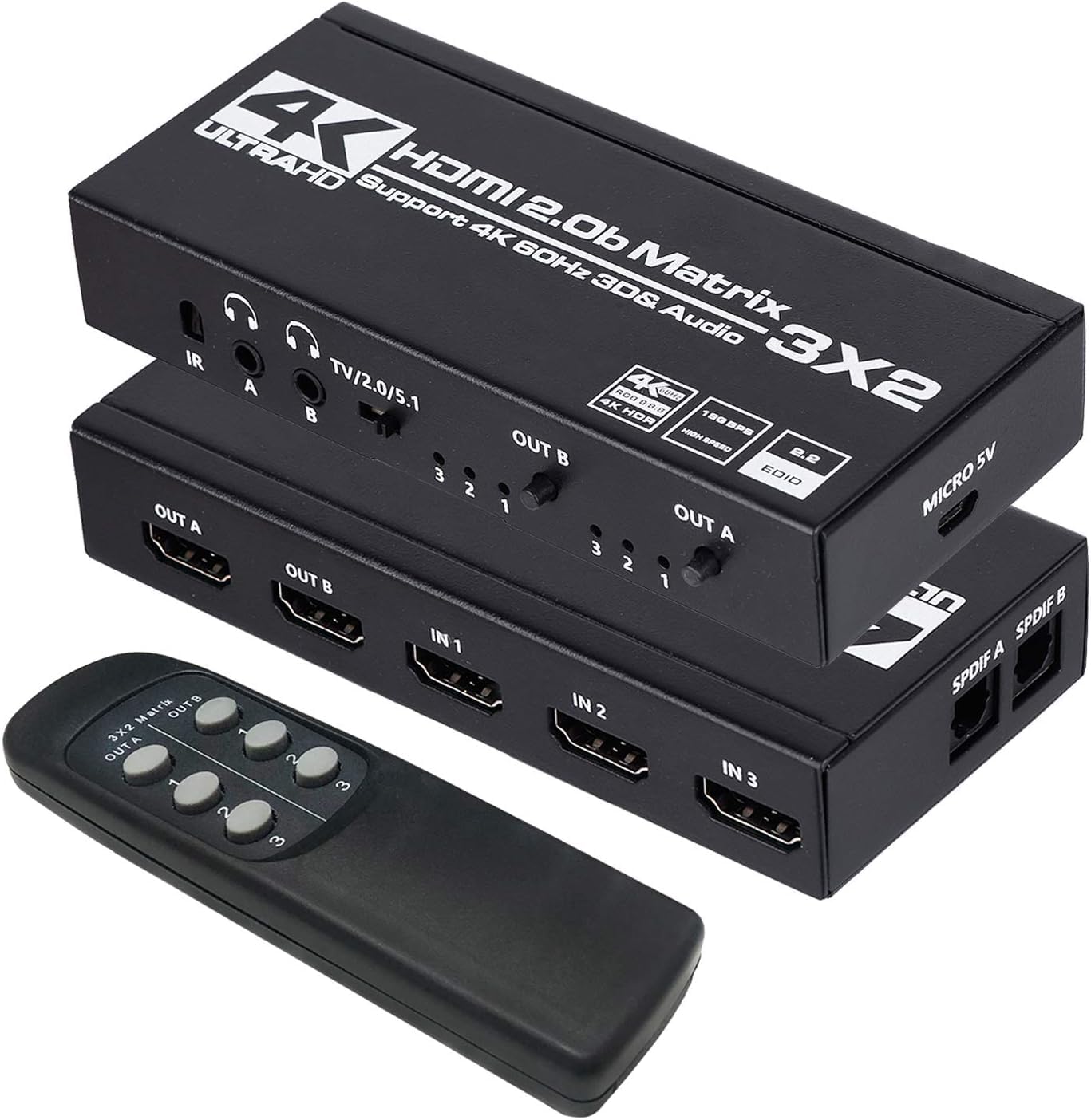 Matrice HDMI 3 x 2 4K60 Hz Commutateur matriciel 3 entrées 2 sorties avec extracteur EDID et télécommande infrarouge, prend en charge Ultra 4K HDR, 3D/1080p, HDMI 2.0b, HDCP 2.2
