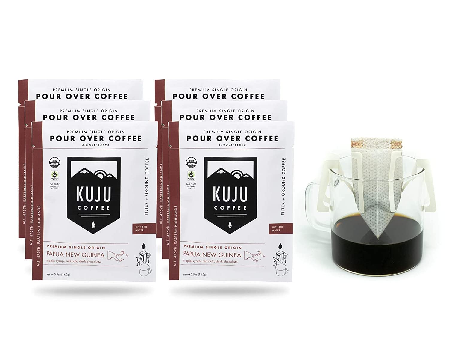Kuju Coffee Premium Single-Serve Pour Over Coffee | Fair Trade Certified, USDA Organic, Single Origin Coffee, Eco-Friendly | Papua New Guinea - Eastern Highlands, 6-pack