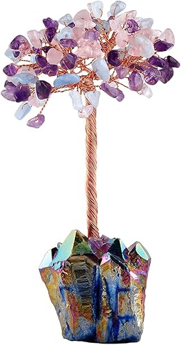 Miniatura 2 de Rockcloud - Árbol de dinero con cristal con revestimiento de titanio y cuarzo para la riqueza y la suerte, amatista y cuarzo rosa y aguamarina