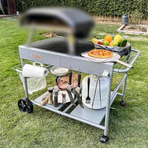 Image of Upgraded Pizza Oven Cart Table for Ooni Koda /Karu /Fyra 16 & 12, Movable Thicken & Widen Rolling Kitchen Cart, Outdoor Grill Stand for Ninja Woodfire,Blackstone Griddle,Barbecue Tool Set