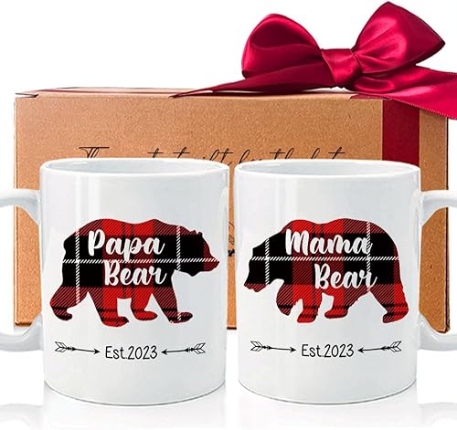Est 2023 - Juego de 2 tazas de mamá oso y papá oso, taza vintage a cuadros, regalos para mamá y papá, regalo de taza de café para mamá, papá, oso,