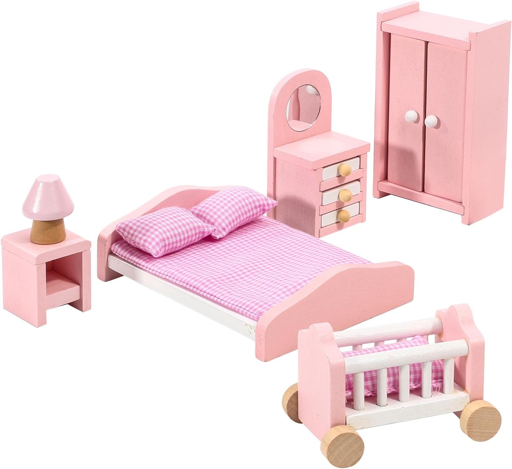 SOKA Wooden Pink Bedroom Playset Pretend Play Doll House Furniture Set Realistic Miniature Display Model Figures Bed Wardrobe Dressing Table Crib for Kids Children Girls Ages 3 year old +