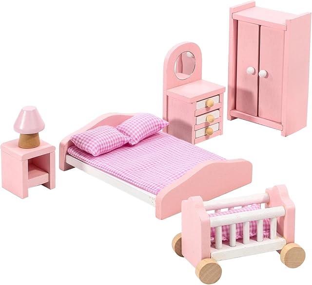 SOKA Wooden Pink Bedroom Playset Pretend Play Doll House Furniture Set Realistic Miniature Display Model Figures Bed Wardrobe Dressing Table Crib for Kids Girls Ages 3 year old +