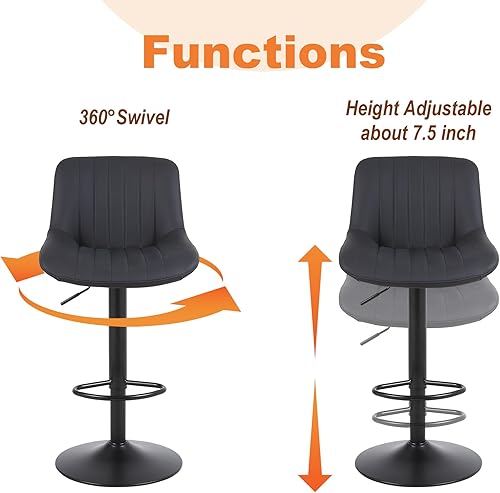 Miniatura 7 de Juego de 2 taburetes de bar, taburetes de bar giratorios de altura de mostrador con respaldo, sillas de bar ajustables de piel sintética, moderno