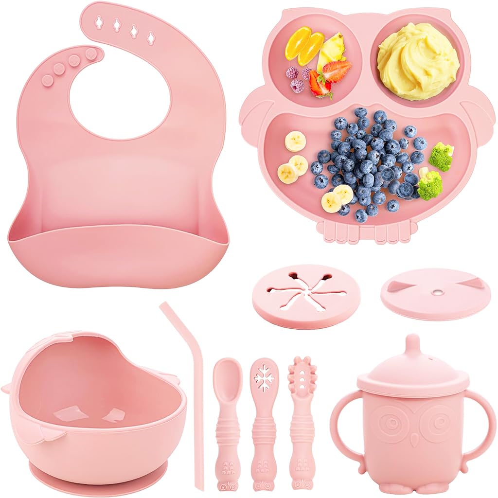 SNOWIE Soft® Baby Feeding Set of 10Pcs Food Grade Toddlers Silicone Food Plate Sipping Cup Bowl Set with Silicone Bib, Baby Cutleries, Self-Feeding Tableware Set for Toddlers, Sterilizable, Pink