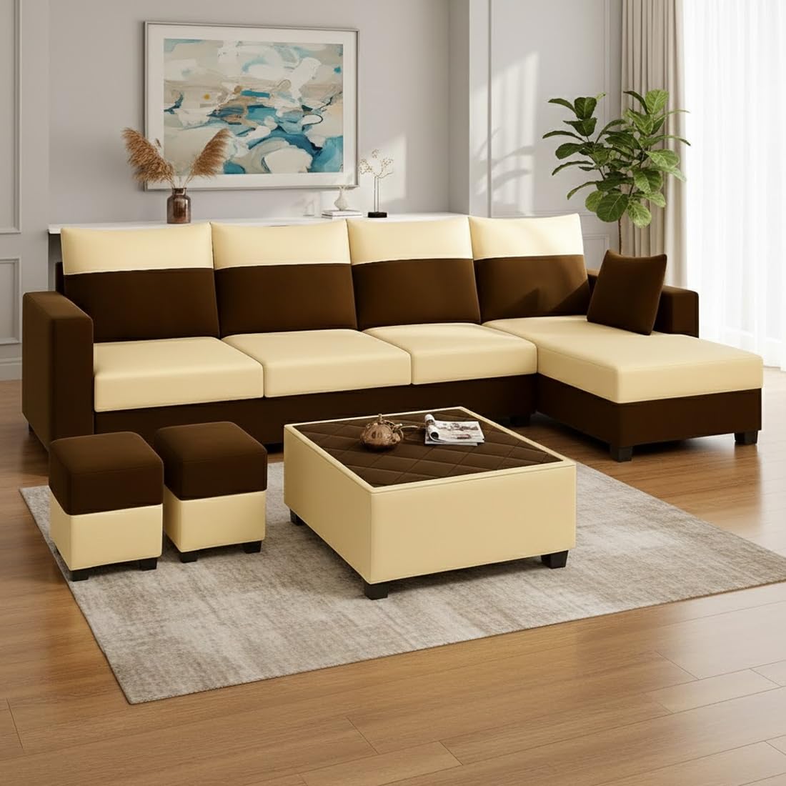 Furny Arevva 8 Seater Fabric RHS L Shape Sofa Set with 1 Centre Table & 2 Puffy (Cream-Dark Brown) | Soft Velvet Fabric | Modern Design | Comfortable Seating | Living Room Furniture-picture-24