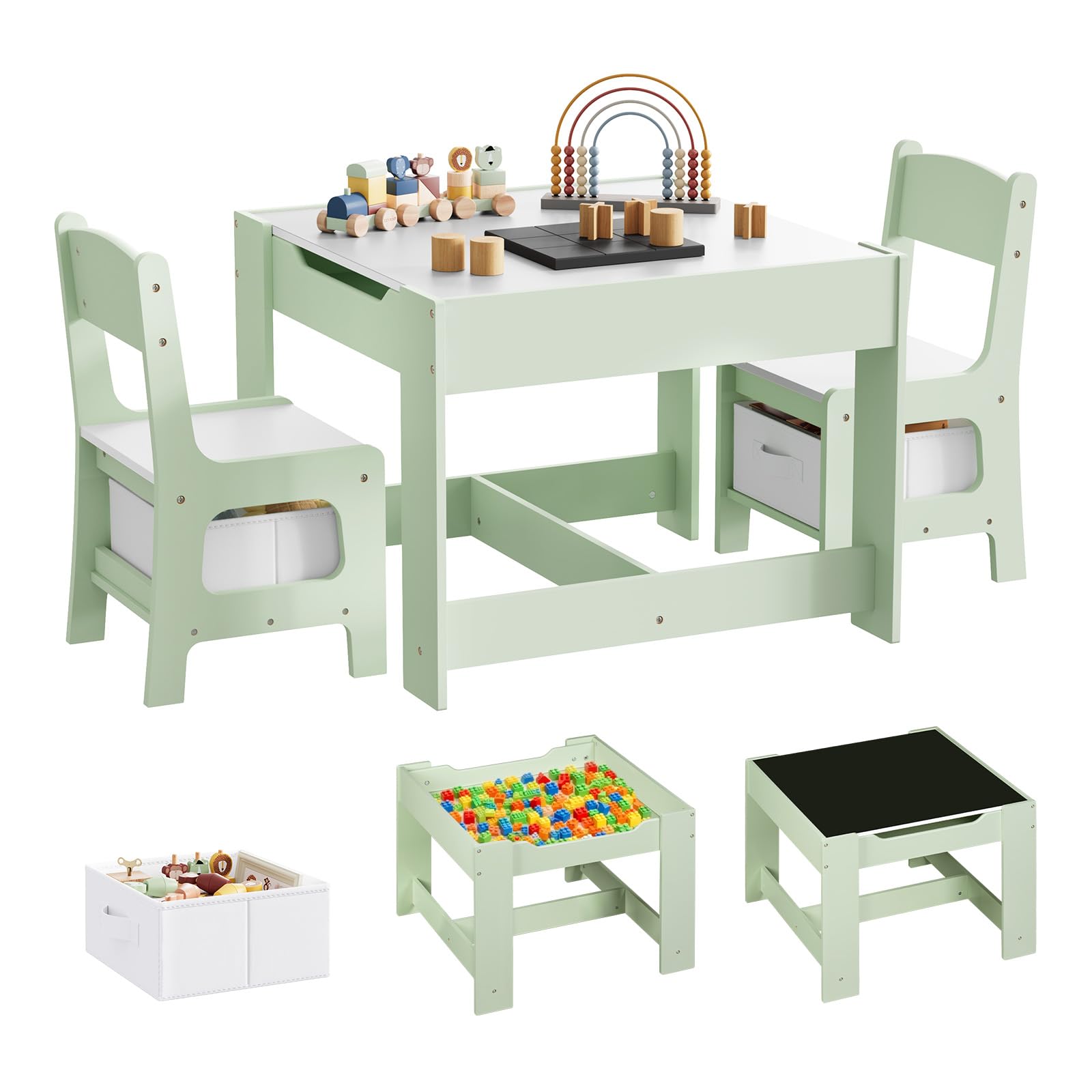 WOLTU Table et 2 Chaises pour Enfants, Mobilier pour Crèche avec Rangement, Plateau de Table Réversible,pour Enfants Plus de 2 Ans, en Bois MDF, Vert et Blanc