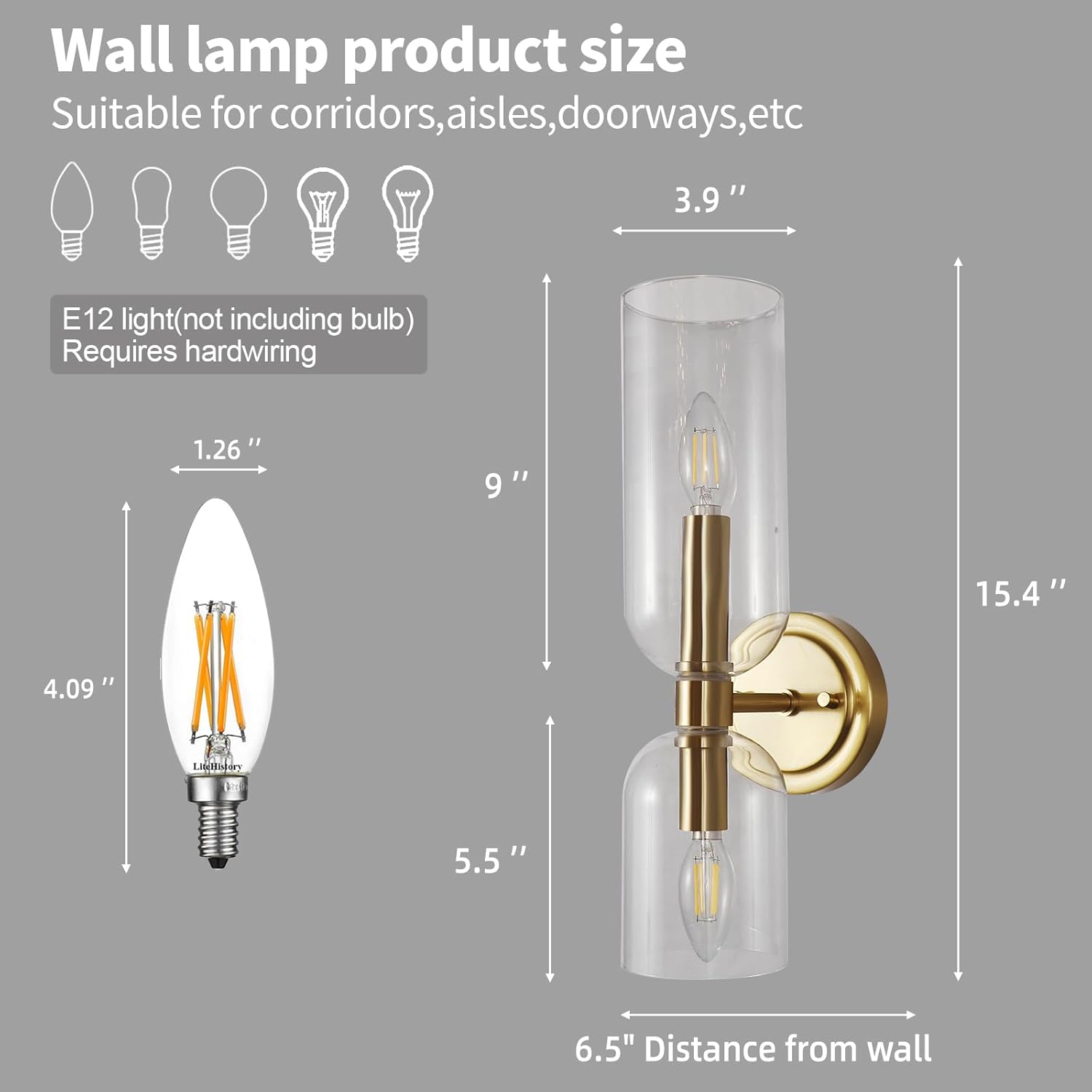 Bektas Wall Sconces Set of 2,Gold Wall Light Fixture with Clear Glass Shade,Modern Wall Sconce,for Living Room,Bedroom,Bathroom(2-Lights)