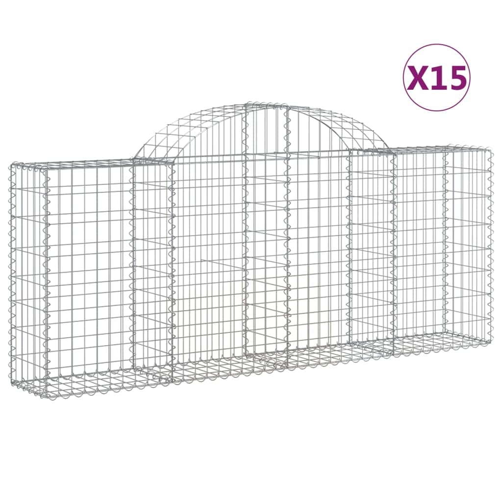 Kosze gabionowe łukowe 15 sztuk ocynkowane żelazo 200 x 30 x 80 / 100 cm dźwiękochłonne dekoracyjne bariery ogrodowe ze wzmocnionymi haczykami