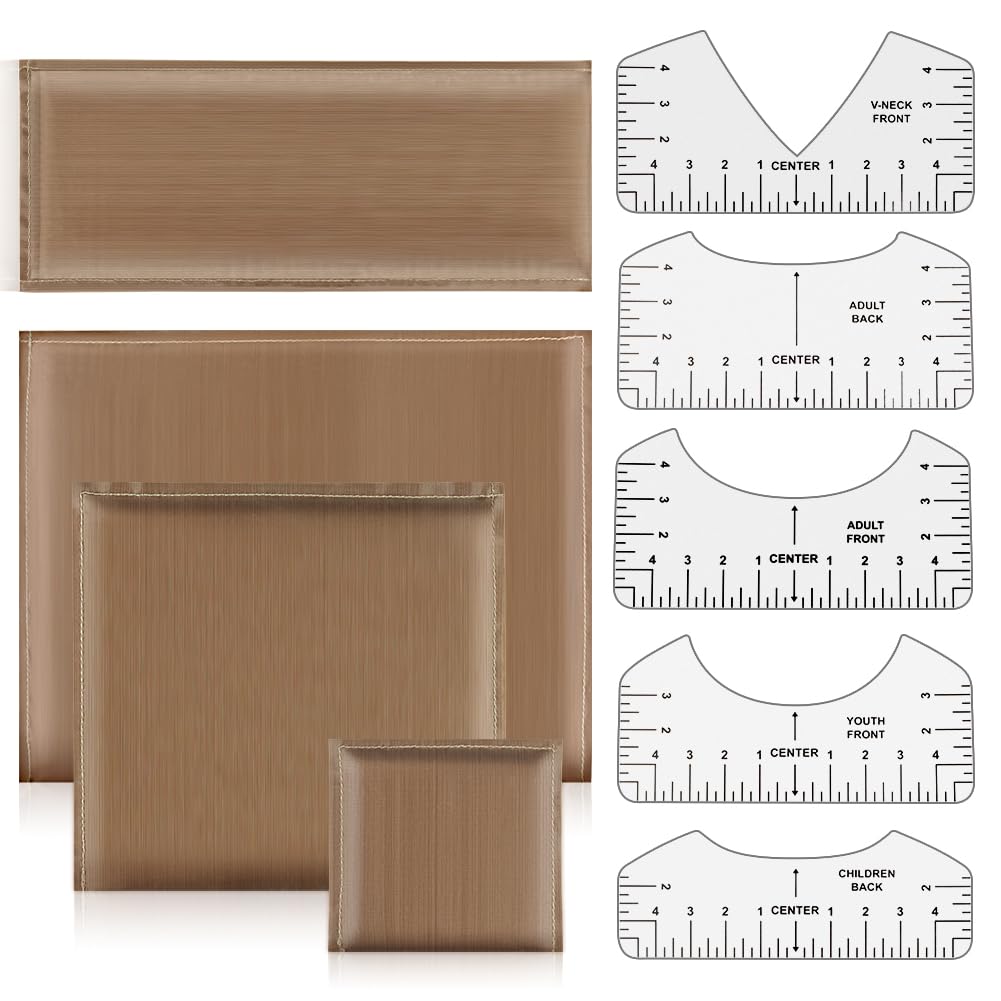 Esterilla de prensado térmico (9 piezas en 1), kit de 4 tamaños, almohadilla de transferencia de prensado térmico y 5 reglas para camisetas, guía para impresión por sublimación de vinilo y teflón, almohadillas de prensado resistentes al calor para serigrafía.
