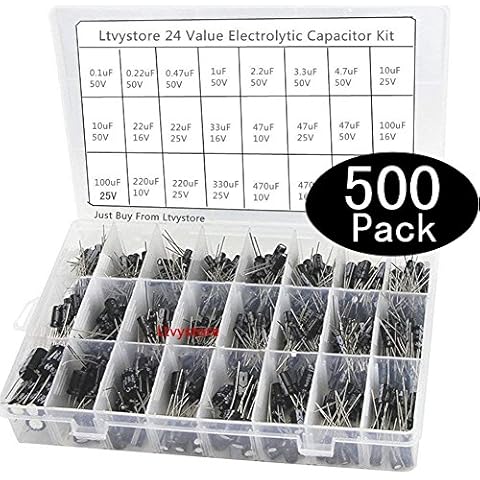 Ltvystore 24Value 500PCS 16V 25V 50V 0.1uF-1000uF Electrolytic Capacitor Assorted Assortment Box Kit Set Black for TV/ Car Audio/Projects/Repairing Power Supplies Ect (0.1uF-1000uF-500PACK) Cover
