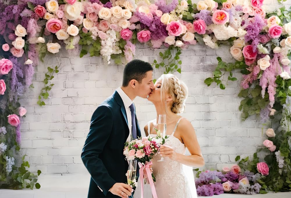 3x2m Sfondo per matrimonio Rustico muro di mattoni bianchi Fiori Fotografia Sfondo Doccia nuziale Matrimonio Anniversario Decorazioni di festa Banner Photo Booth Props