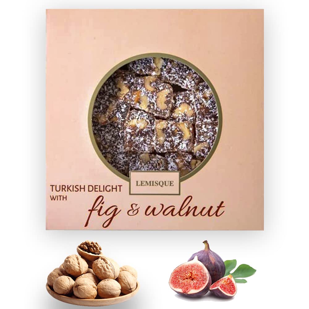 Eren Luxury Turkish Delight with Fig and Walnut- Crystal Box 250g Dessert Gift Box – Gift for the Special Days – Deluxe, Assorted, Traditional Turkish Hazelnut Lokum with Designed Gift Box