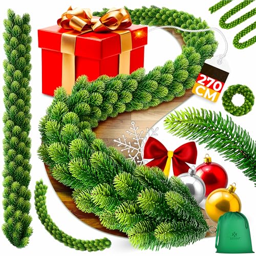 KESSER Weihnachtsgirlande 2 7m lang | dicht Naturgetreues Tannengrün - wie echt - IP 44 Outdoor & Indoor Girlande - Treppen Tür Balkon Weihnachtsdeko + Tasche - Dunkelgrün