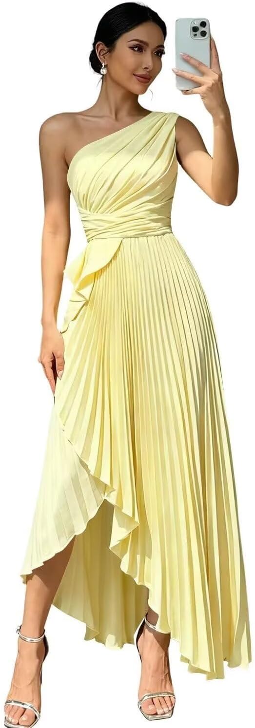 One Shoulder Satin Pleated Bridesmaid Dresses for Women A-Line Long Formal Evening Dress with Slit