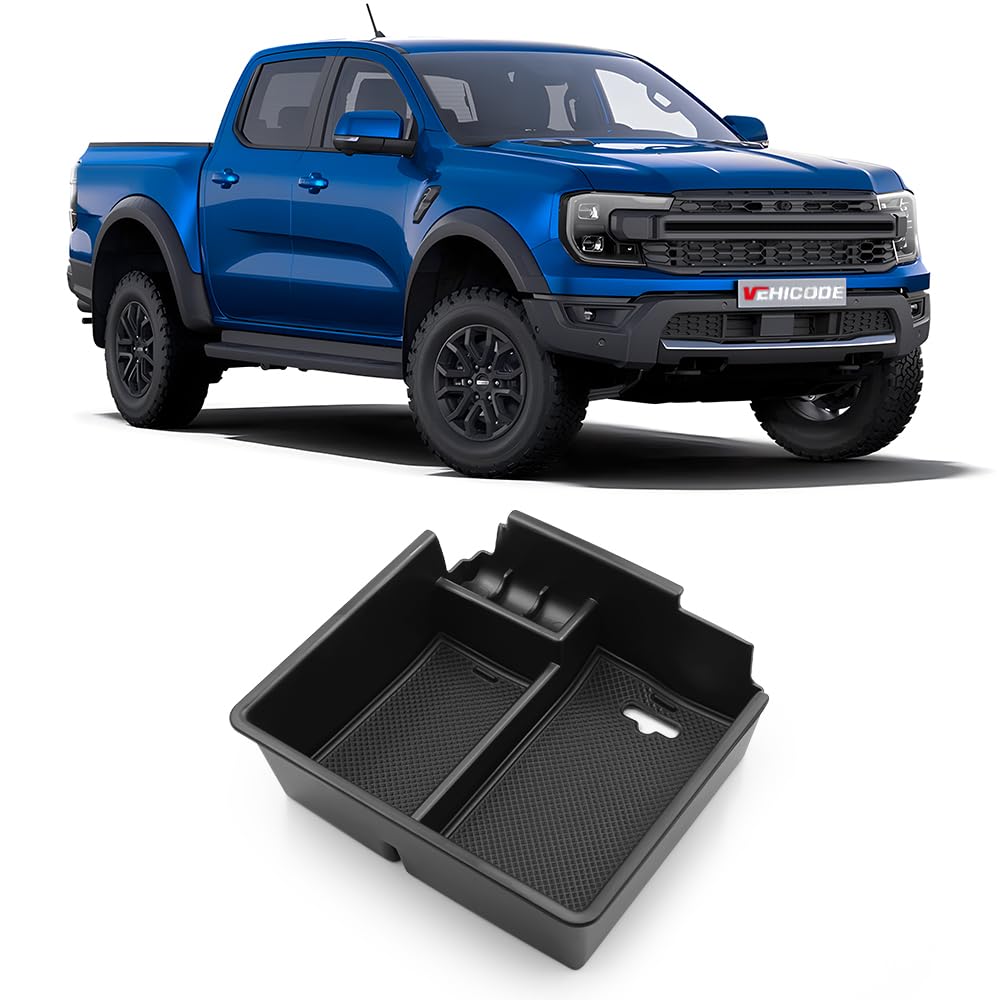 VEHICODE Center Console Organizer Tray Car Accessories for Ford Ranger 2019-2023 2022 2021 2020 Middle Armrest Storage Box Insert Compartment Organization Container with Mat