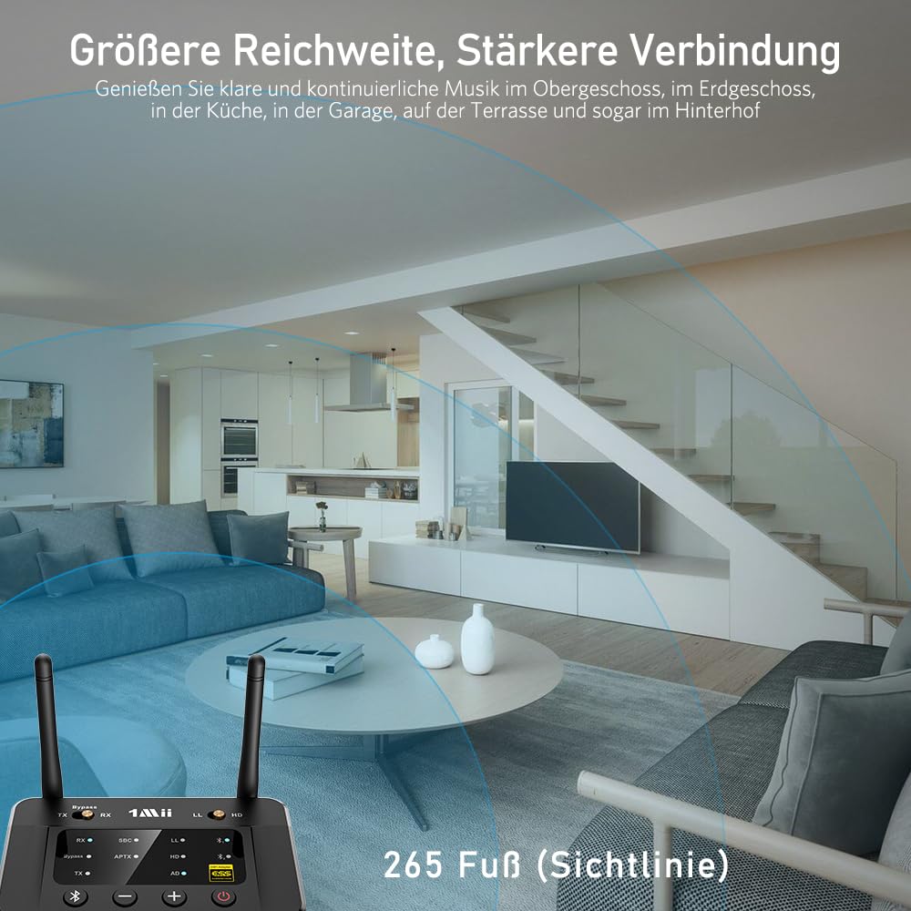 1Mii B03Pro Bluetooth 5.3 Transmitter & Empfänger für 2 Kopfhörer, 3-in-1 HiFi Audio Adapter mit DAC und AptX HD Low Latency, Splitter für TV & Stereoanlage, AUX/RCA/Optisch, Große Reichweite