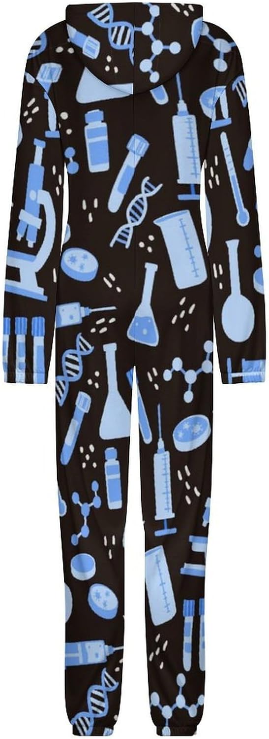 Medical Lab Tools Science Adult Pajamas Onesie with Hood Pocket Jumpsuits One Piece Sleepwear