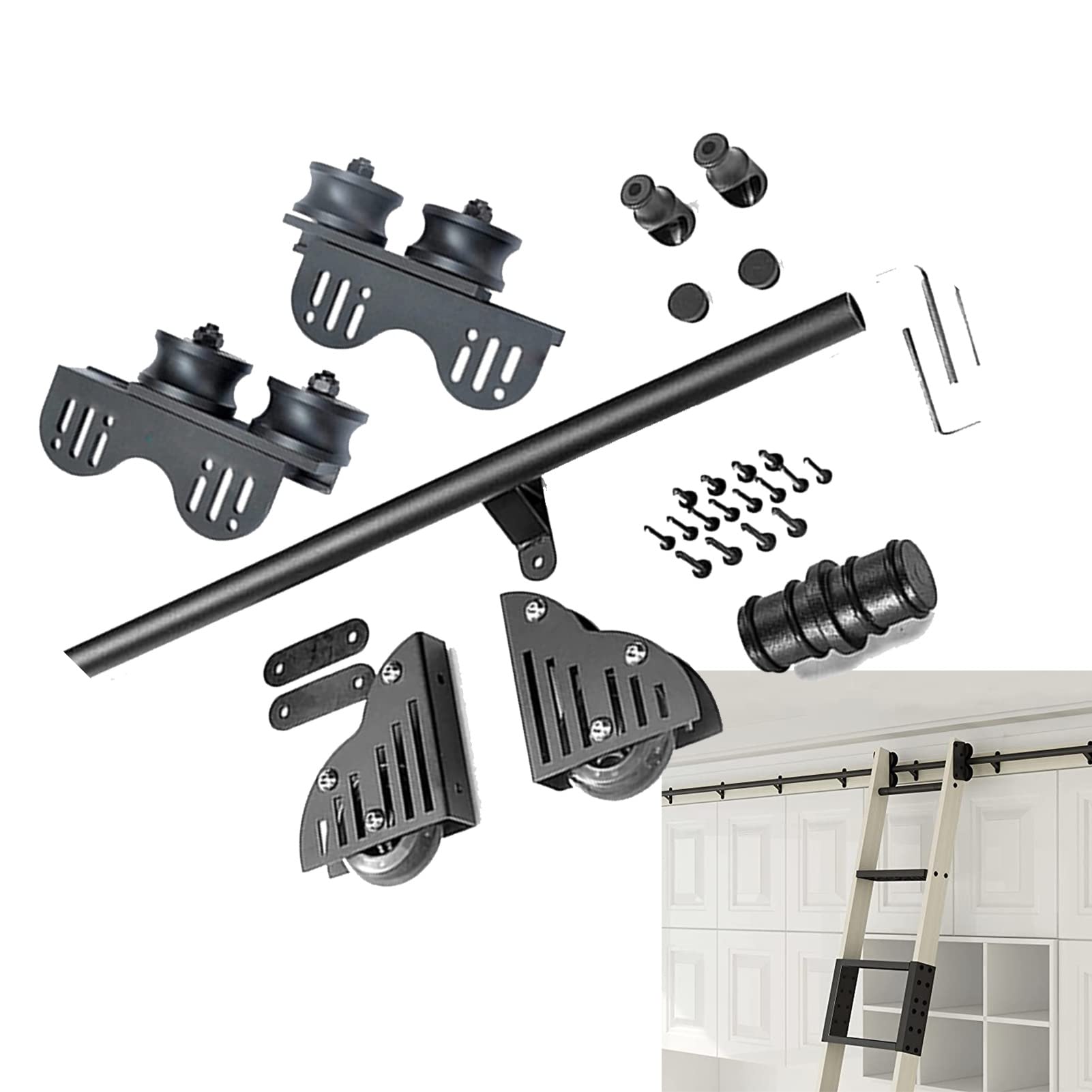 Kit quincaillerie échelle coulissante noire avec rouleau extensible fluide pour tube rond