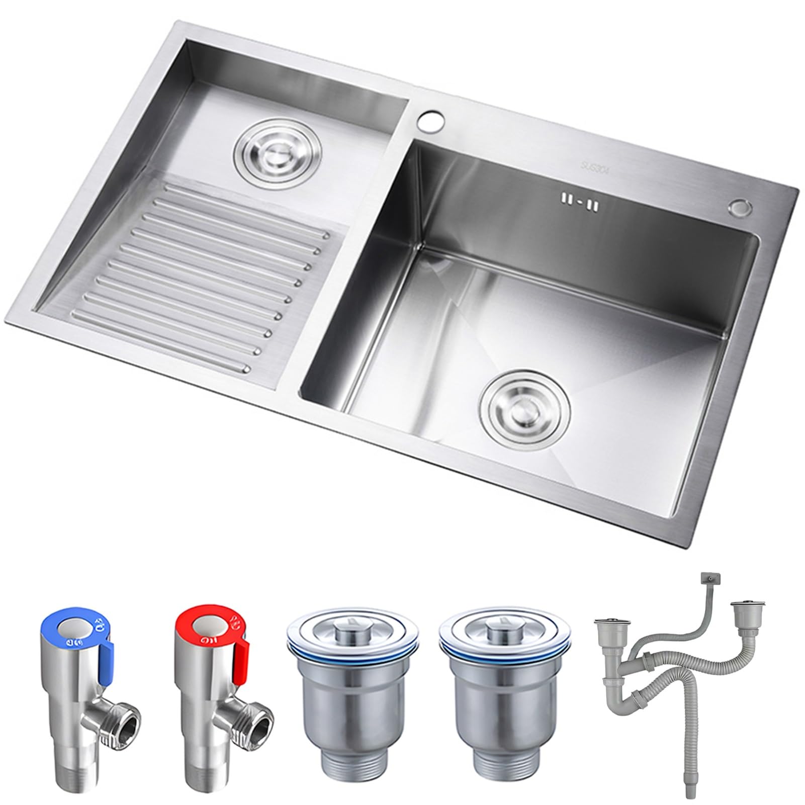 Fregadero de lavandería plateado,fregadero práctico de acero inoxidable para lavandería, lavabo de cubo de lavandería de doble tazón de 22 cm de profundidad, con lavabo facial integrado(Silver-B,80x48