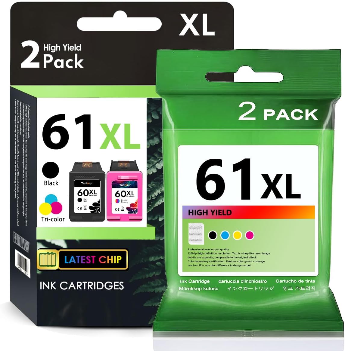 61XL Ink Cartridges Combo Pack high yield Replacement for HP Ink 61 61XL Works with HP Envy 4500 4502 5530;Deskjet 2540 3050 3510 1510 1512;OfficeJet 4630 4632 Printer 2-Pack(Black, Tri-Color)