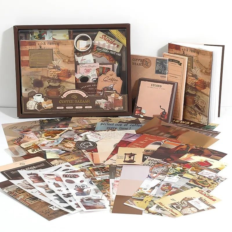 Image of GDNK Scrape Book Kit Scrapbooking Kit Vintage Journal Scrapbook Pack DIY Paper Stickers, Craft Kits Notebook, Collage Album Aesthetic Sticker Journaling Scrapbook Photo Album (Brown Coffee Bazar)
