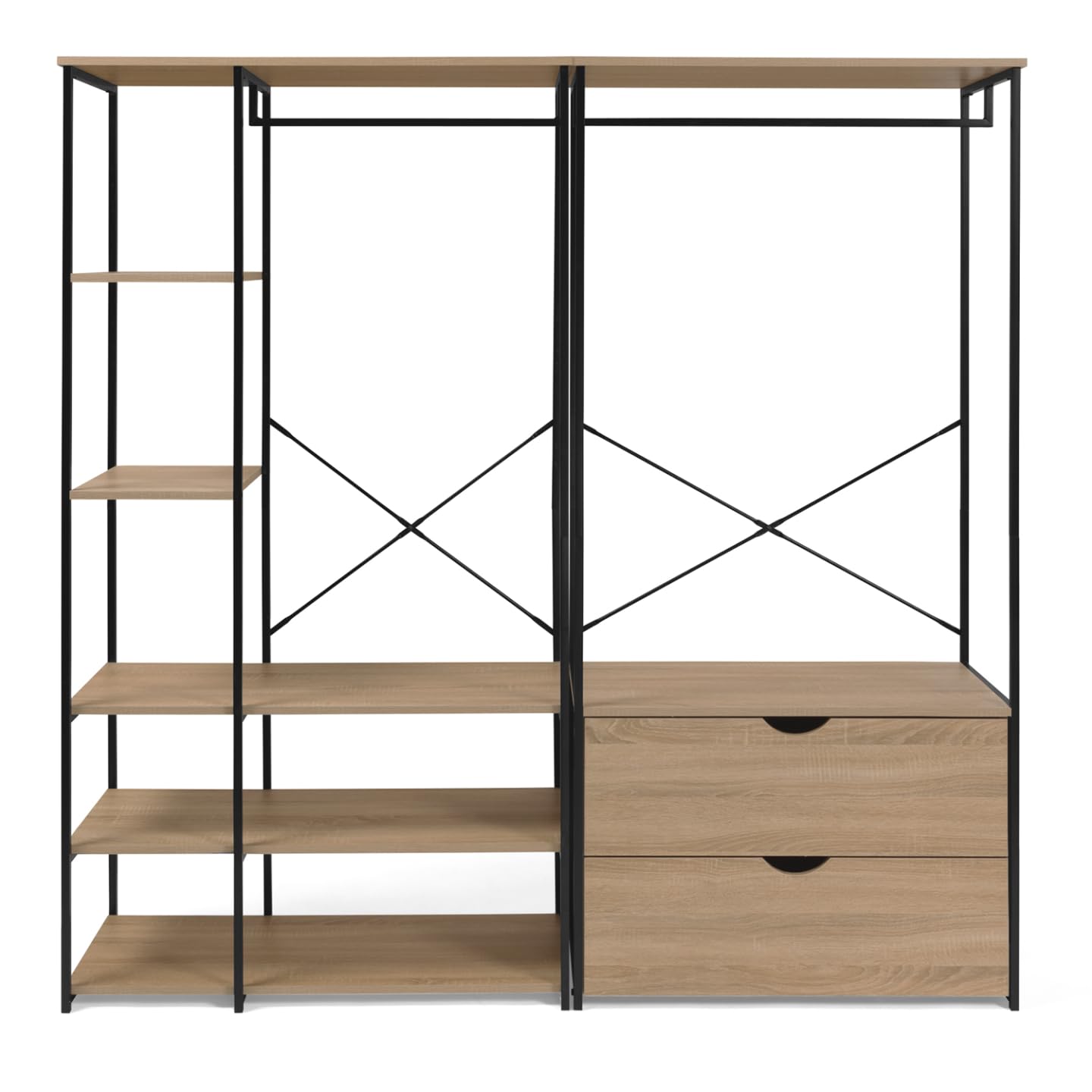 IDMarket – Armario modular doble con barras para colgar, estanterías y 2 cajones DETROIT diseño industrial
