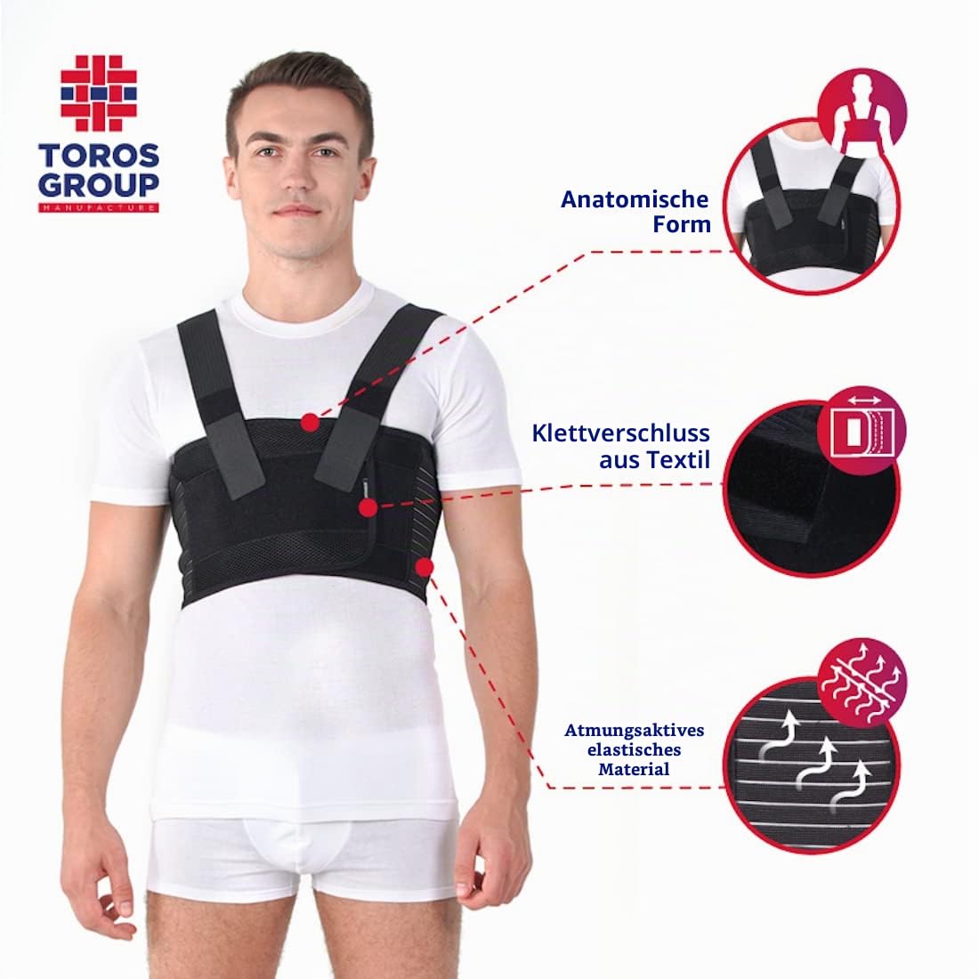 TOROS-GROUP – Brustgurt für Männer - Corset – Rippenbandage – Brust-Korsett mit Hosenträger für Postoperative Rippen- und Brustbeinverletzungen – S, Schwarz