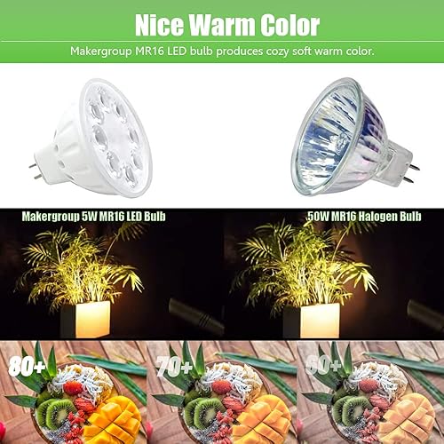 Miniatura 4 de Makergroup Bombillas LED MR16, focos de bajo voltaje para paisaje, 35 W50 W reemplazos halógenos. 5W blanco cálido 2700K-3000K 12V Gu5.3 base bi-pin
